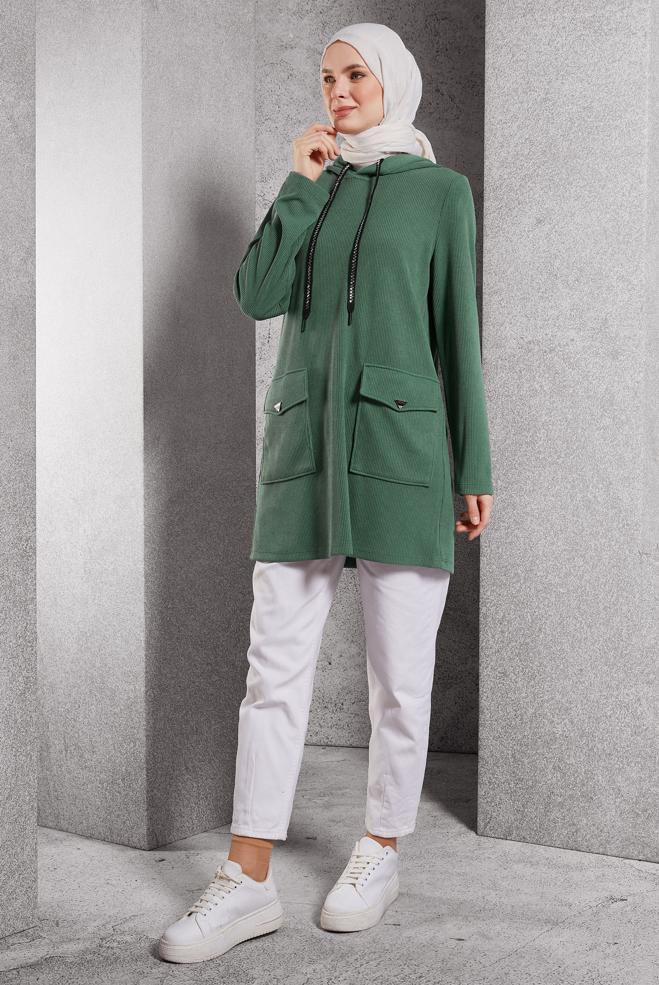 Vêtements hijab VERT TUNIQUE DE SURVÊTEMENT À CAPUCHE 45135 - ALVİNA