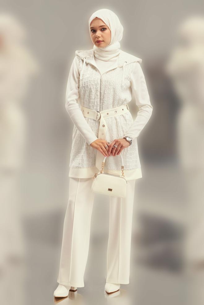 Vêtements hijab BLANC ENSEMBLE SURVÊTEMENT AVEC GILET 45151 - ALVİNA
