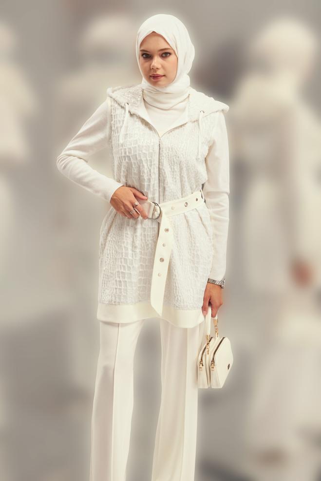 Vêtements hijab BLANC ENSEMBLE SURVÊTEMENT AVEC GILET 45151 - ALVİNA