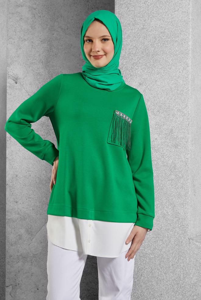Tesettür giyim YEŞİL GARNİLİ EŞOFMAN TUNİK 45153 - ALVİNA