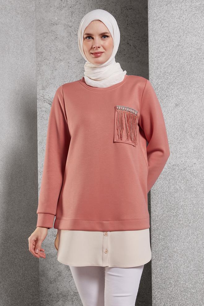 Tesettür giyim PUDRA GARNİLİ EŞOFMAN TUNİK 45153 - ALVİNA
