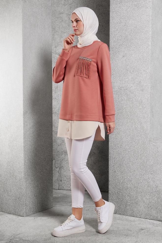 Tesettür giyim PUDRA GARNİLİ EŞOFMAN TUNİK 45153 - ALVİNA