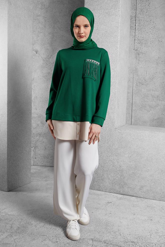 Tesettür giyim YEŞİL GARNİLİ EŞOFMAN TUNİK 45153 - ALVİNA