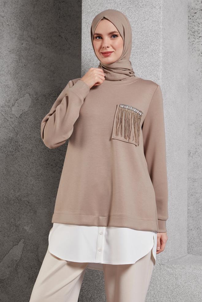 Tesettür giyim KAHVE GARNİLİ EŞOFMAN TUNİK 45153 - ALVİNA