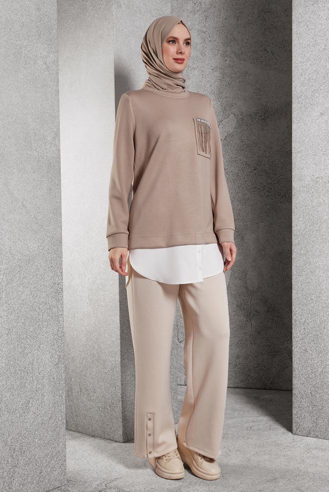 Tesettür giyim KAHVE GARNİLİ EŞOFMAN TUNİK 45153 - ALVİNA