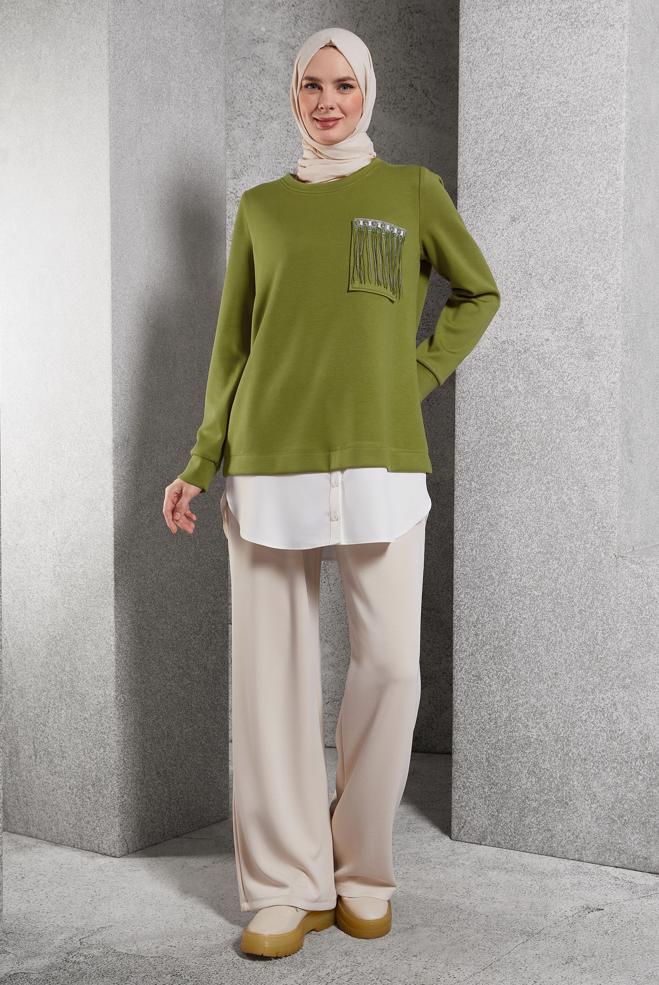 Tesettür giyim YEŞİL GARNİLİ EŞOFMAN TUNİK 45153 - ALVİNA