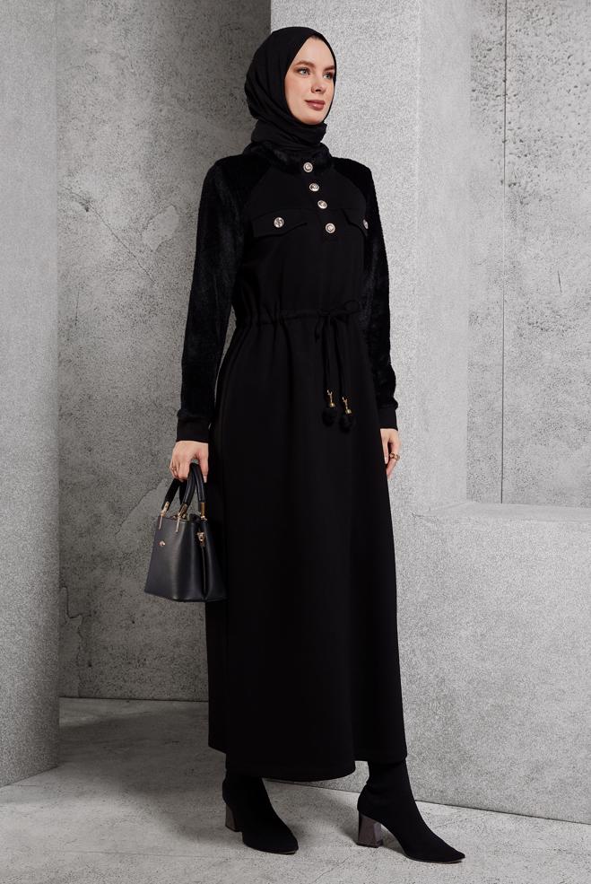 Vêtements hijab NOIR ROBE DE SURVÊTEMENT À TAILLE NOUÉE 45161 - ALVİNA