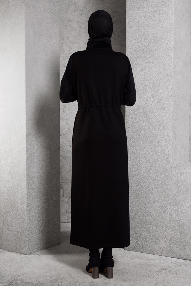 Vêtements hijab NOIR ROBE DE SURVÊTEMENT À TAILLE NOUÉE 45161 - ALVİNA