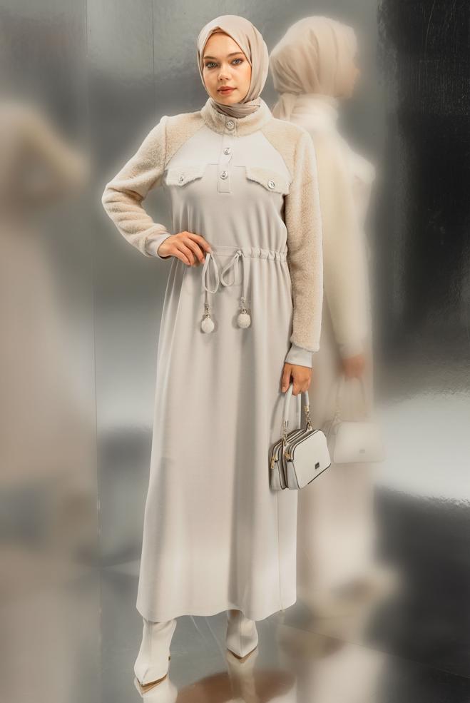 Vêtements hijab ÉCRUE ROBE DE SURVÊTEMENT À TAILLE NOUÉE 45161 - ALVİNA