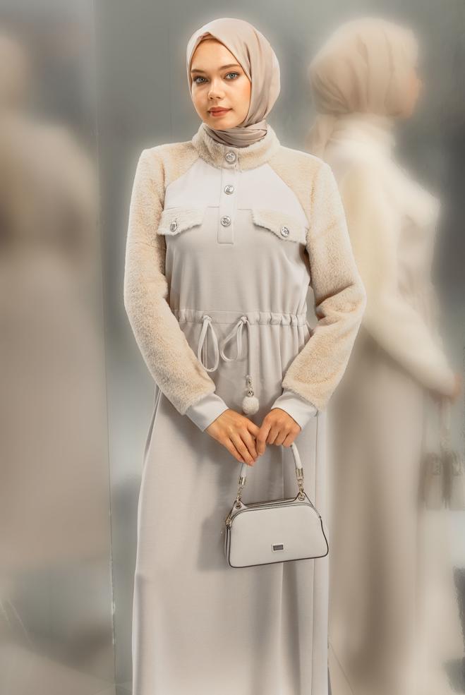 Vêtements hijab ÉCRUE ROBE DE SURVÊTEMENT À TAILLE NOUÉE 45161 - ALVİNA