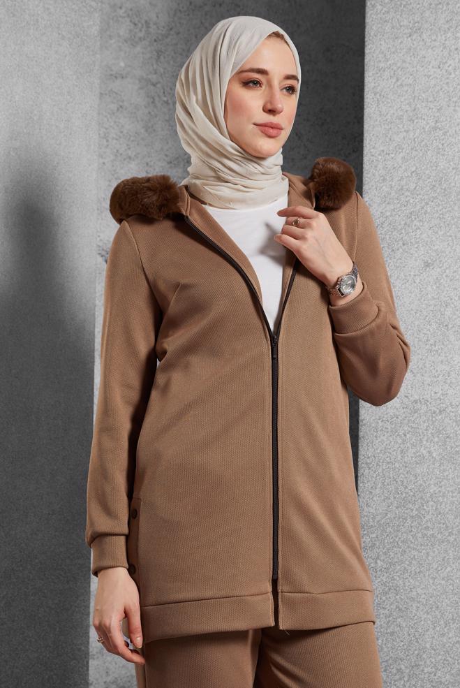 Vêtements hijab BRUN ENSEMBLE SURVÊTEMENT AVEC PANTALON 45179 - ALVİNA