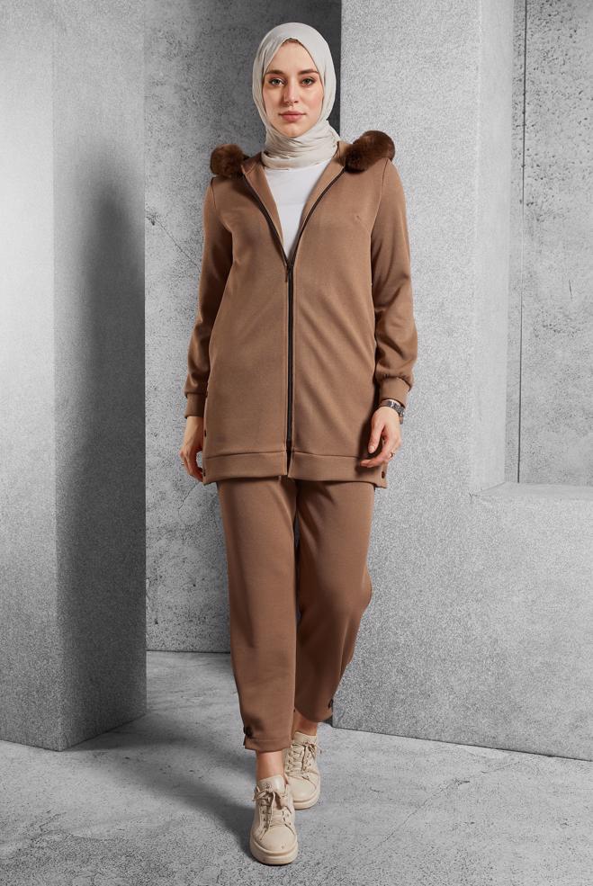 Vêtements hijab BRUN ENSEMBLE SURVÊTEMENT AVEC PANTALON 45179 - ALVİNA