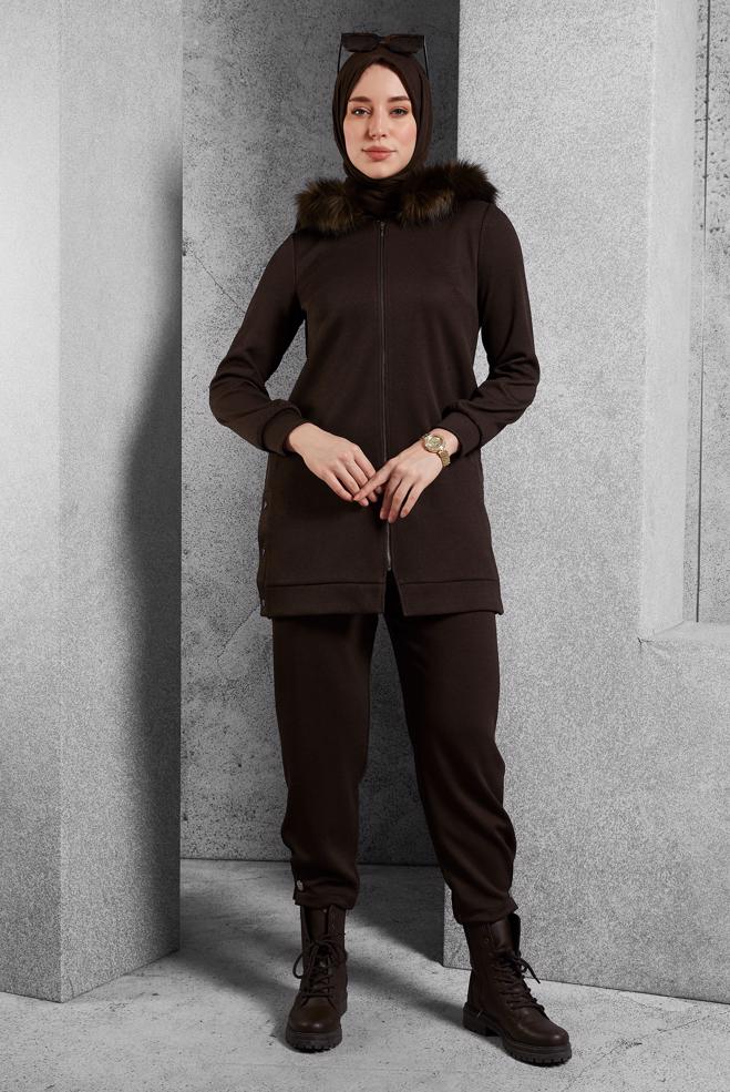 Vêtements hijab BRUN ENSEMBLE SURVÊTEMENT AVEC PANTALON 45179 - ALVİNA