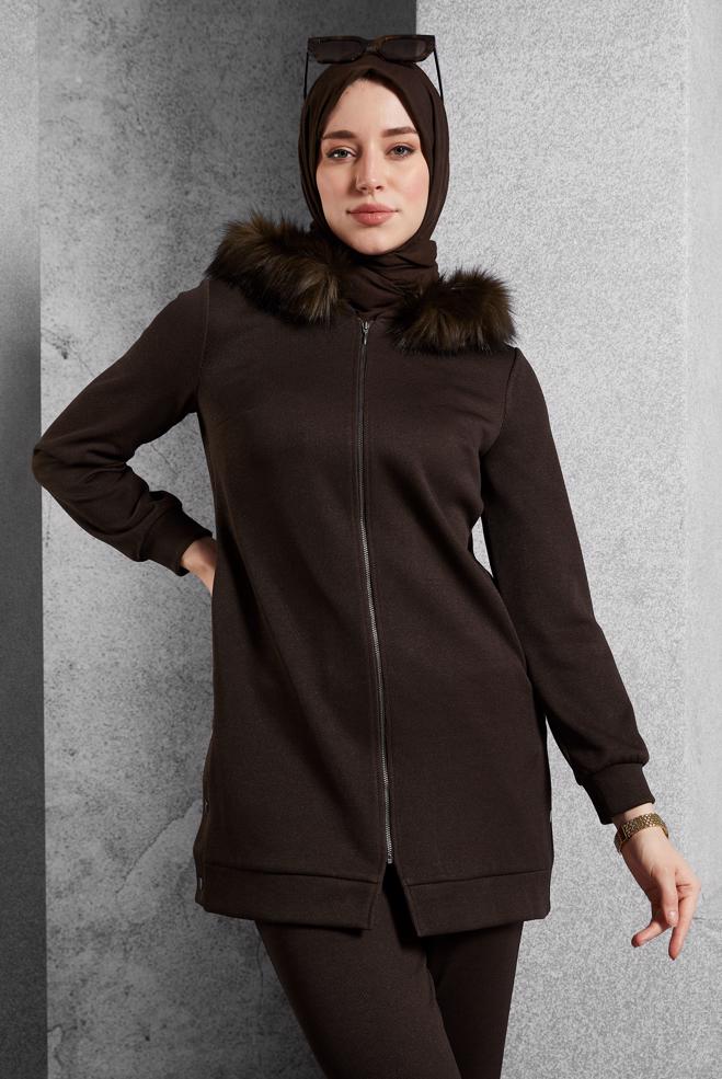 Vêtements hijab BRUN ENSEMBLE SURVÊTEMENT AVEC PANTALON 45179 - ALVİNA