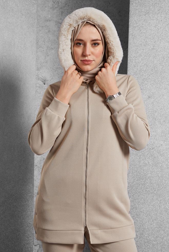 Vêtements hijab BEIGE ENSEMBLE SURVÊTEMENT AVEC PANTALON 45179 - ALVİNA