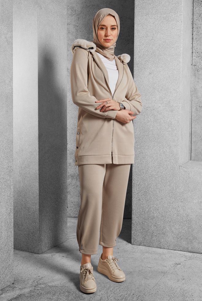 Vêtements hijab BEIGE ENSEMBLE SURVÊTEMENT AVEC PANTALON 45179 - ALVİNA