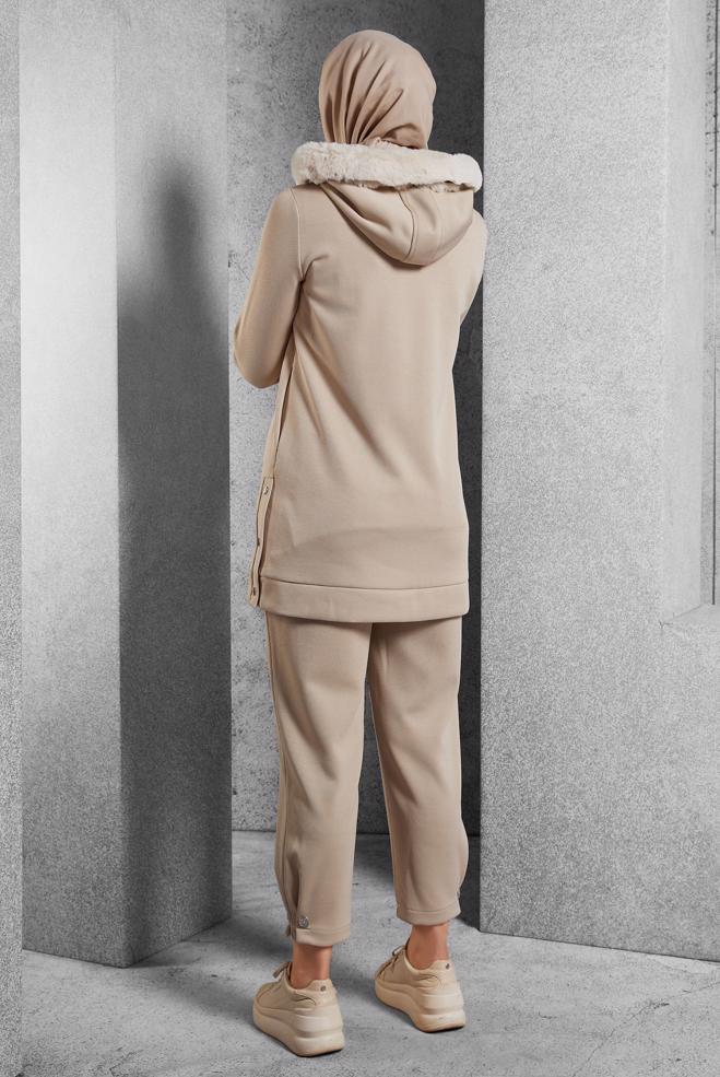 Vêtements hijab BEIGE ENSEMBLE SURVÊTEMENT AVEC PANTALON 45179 - ALVİNA