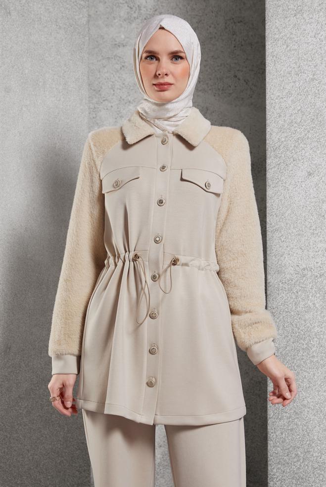 Vêtements hijab BEIGE ENSEMBLE SURVÊTEMENT AVEC PANTALON 45200 - ALVİNA