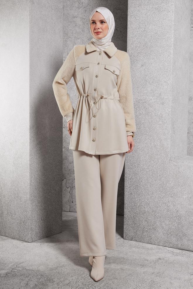 Vêtements hijab BEIGE ENSEMBLE SURVÊTEMENT AVEC PANTALON 45200 - ALVİNA