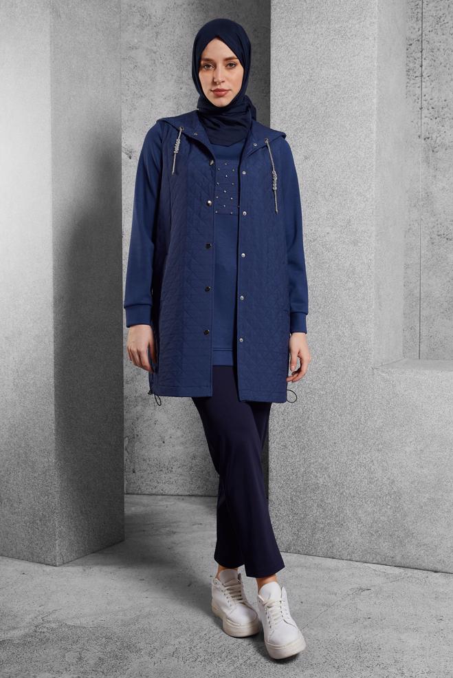 Vêtements hijab BLEU MARINE TUNIQUE DE SURVÊTEMENT AVEC GILET 45202 - ALVİNA