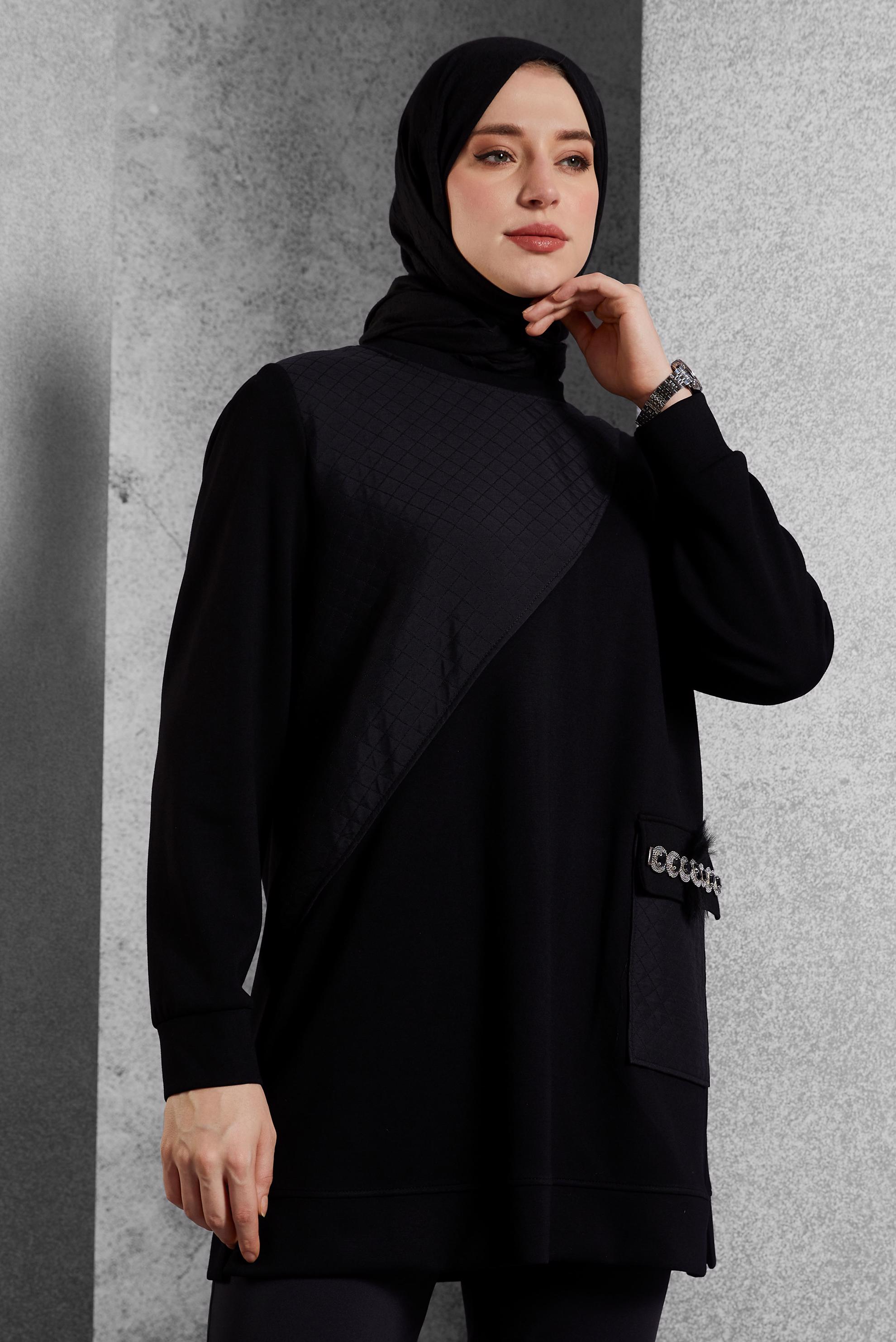 Vêtements hijab NOIR TUNIQUE DE SURVÊTEMENT AVEC BIJOU 45203