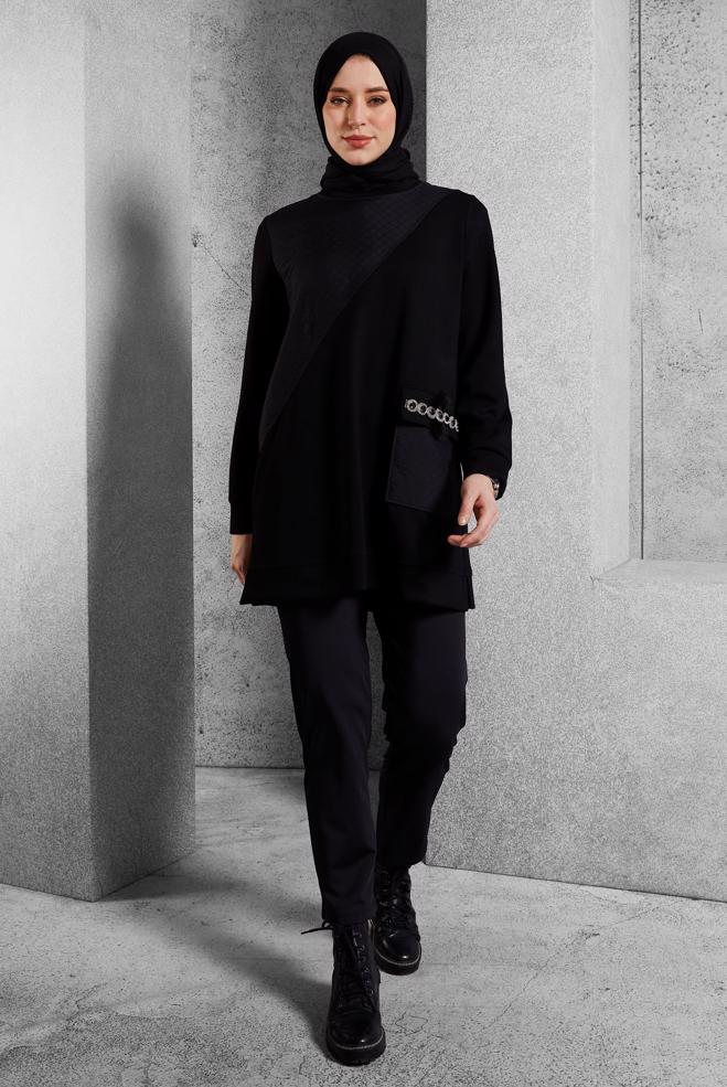 Tesettür giyim SİYAH TAŞ DETAYLI EŞOFMAN TUNİK 45203 - ALVİNA