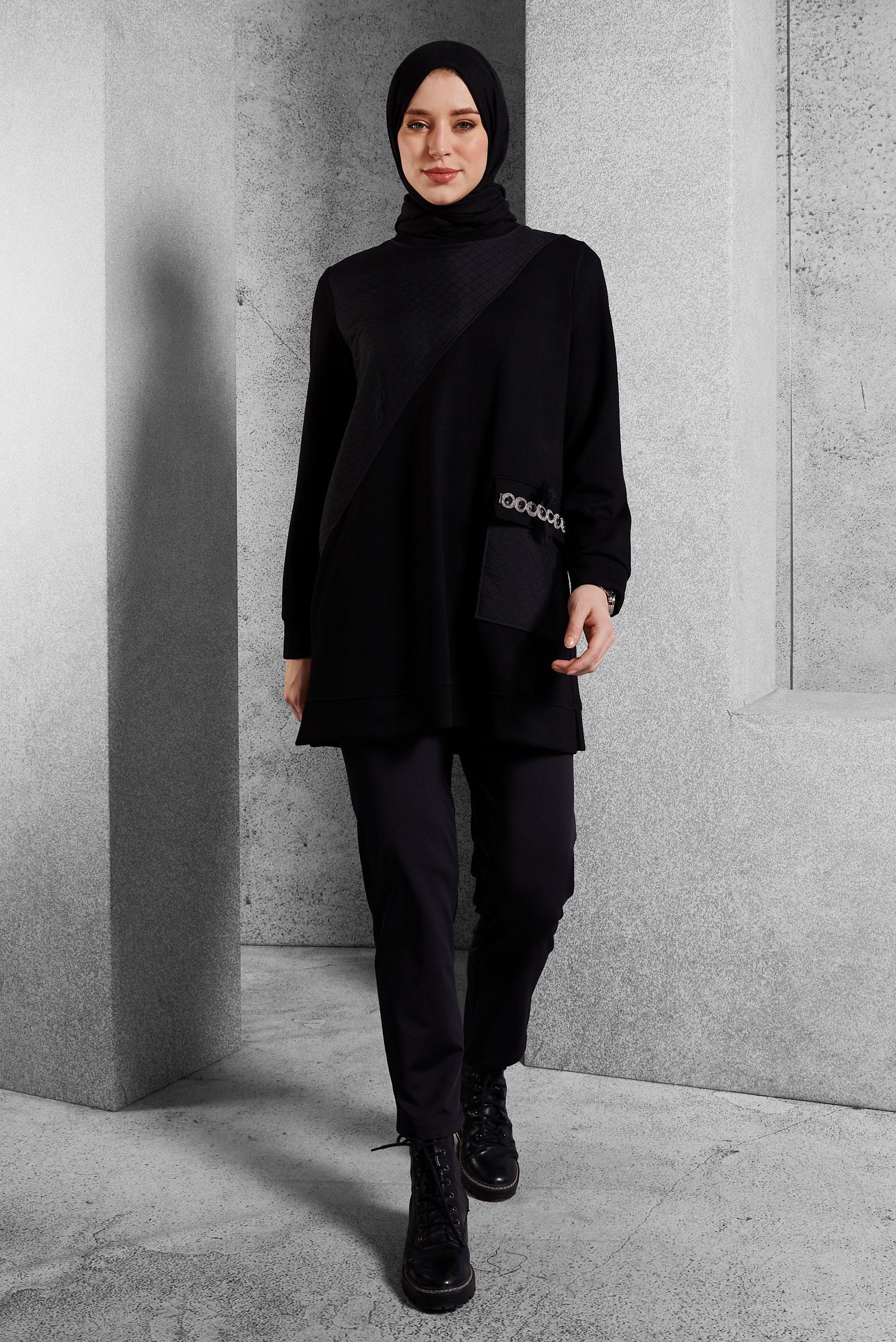 Vêtements hijab NOIR TUNIQUE DE SURVÊTEMENT AVEC BIJOU 45203