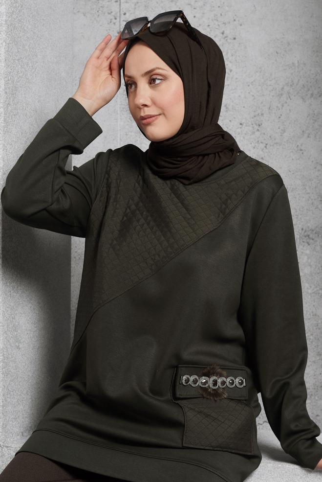 Tesettür giyim KAHVE TAŞ DETAYLI EŞOFMAN TUNİK 45203 - ALVİNA