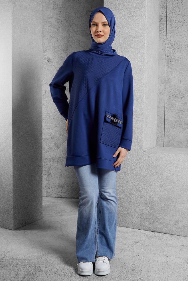 Tesettür giyim LACİVERT TAŞ DETAYLI EŞOFMAN TUNİK 45203 - ALVİNA