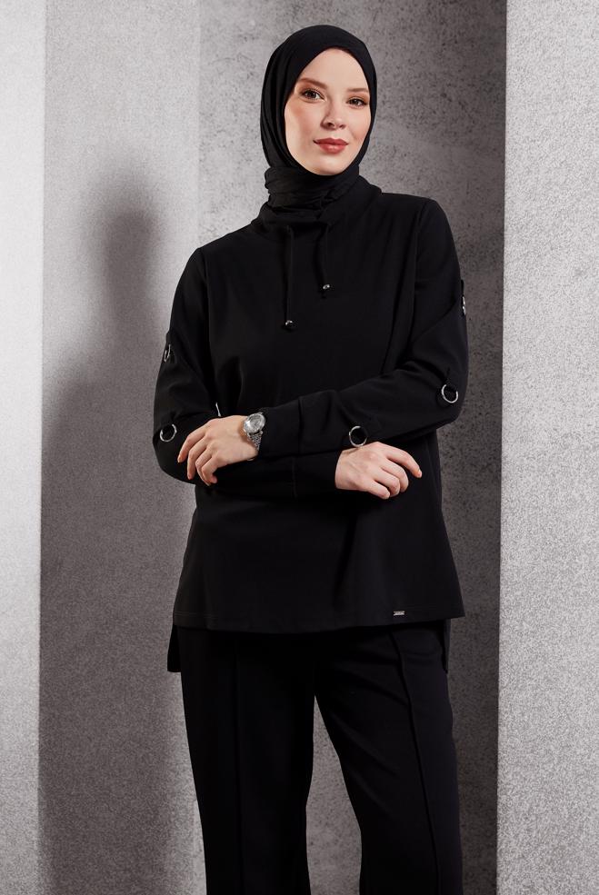 Vêtements hijab NOIR TUNIQUE DE SURVÊTEMENT À COL NOUÉ 45209 - ALVİNA