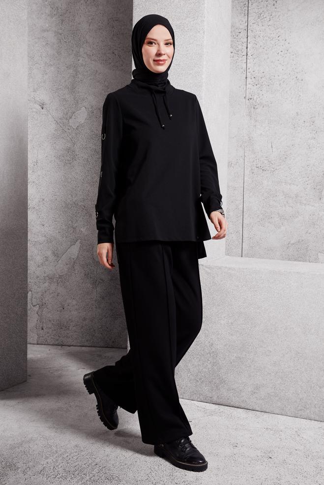 Vêtements hijab NOIR TUNIQUE DE SURVÊTEMENT À COL NOUÉ 45209 - ALVİNA