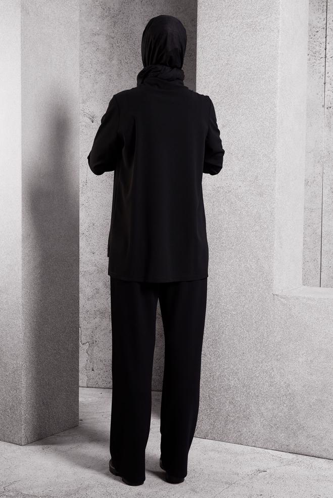 Vêtements hijab NOIR TUNIQUE DE SURVÊTEMENT À COL NOUÉ 45209 - ALVİNA