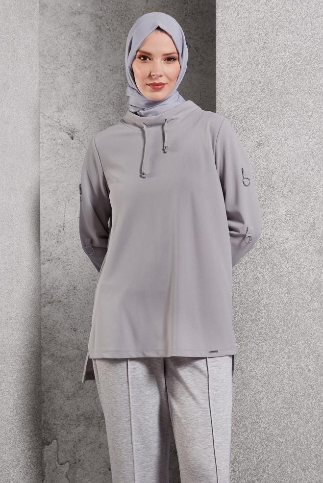 Tesettür giyim GRİ YAKASI BAĞCIKLI EŞOFMAN TUNİK 45209 - ALVİNA