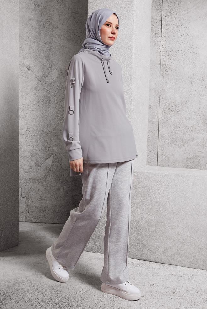 Tesettür giyim GRİ YAKASI BAĞCIKLI EŞOFMAN TUNİK 45209 - ALVİNA