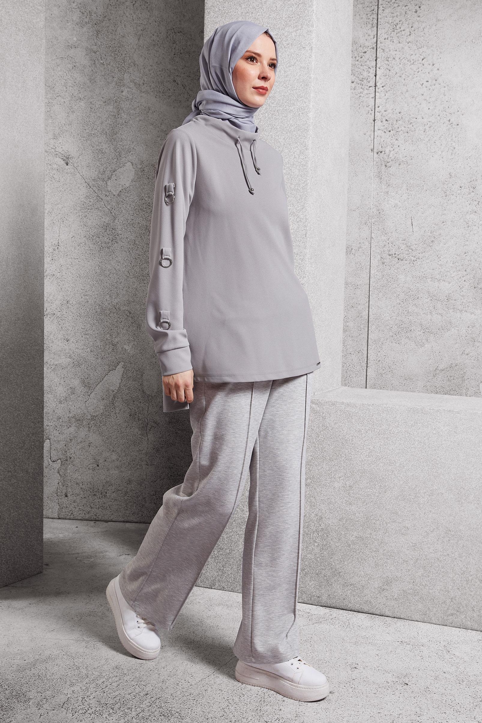 Tesettür giyim GRİ YAKASI BAĞCIKLI EŞOFMAN TUNİK 45209