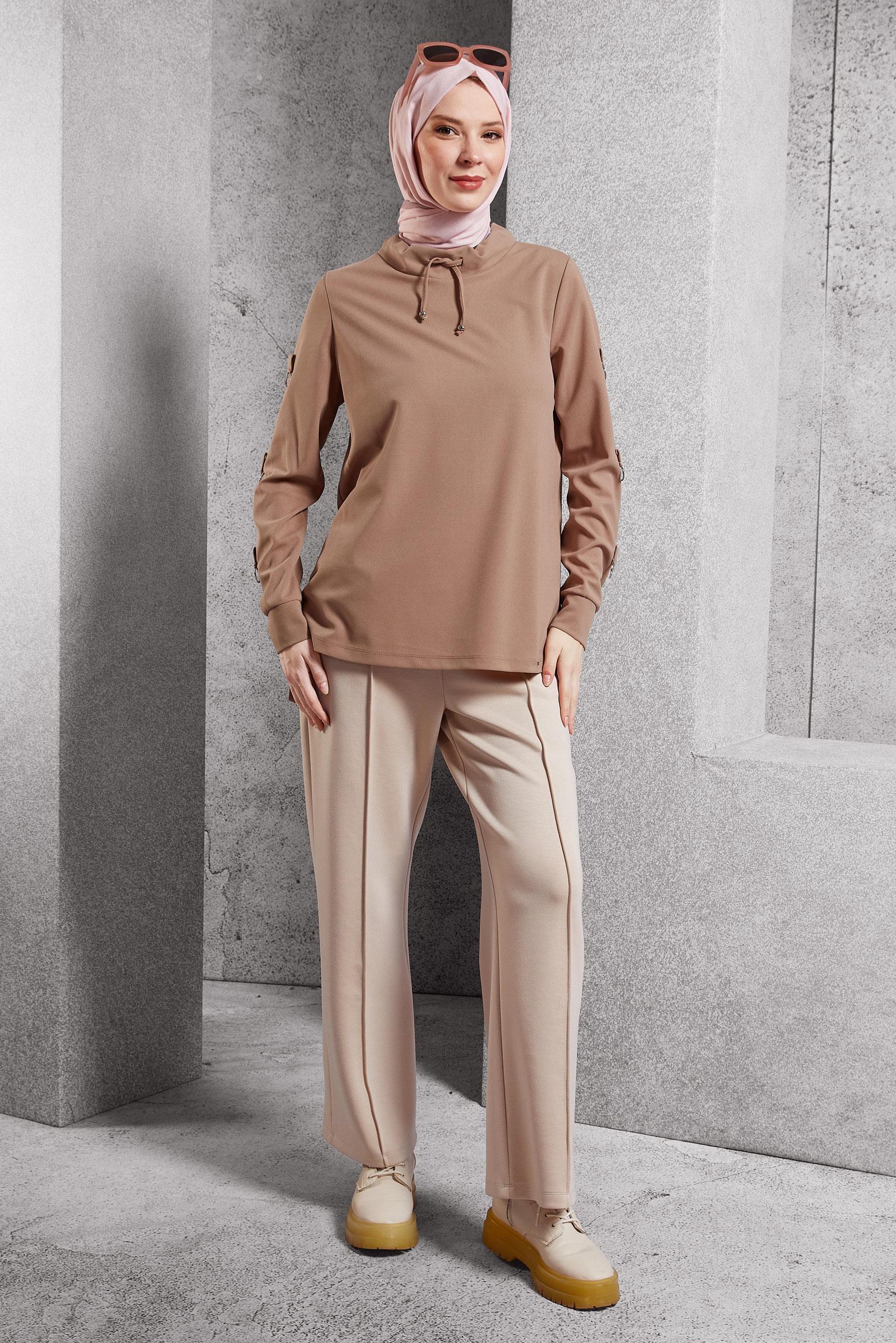 Vêtements hijab BEIGE TUNIQUE DE SURVÊTEMENT À COL NOUÉ 45209