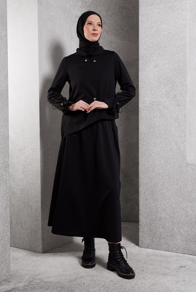 Tesettür giyim SİYAH ASİMETRİK KESİM EŞOFMAN TUNİK 45210 - ALVİNA