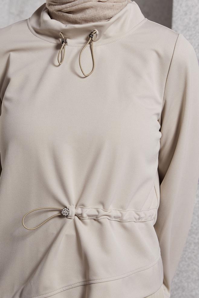 Tesettür giyim BEJ ASİMETRİK KESİM EŞOFMAN TUNİK 45210 - ALVİNA