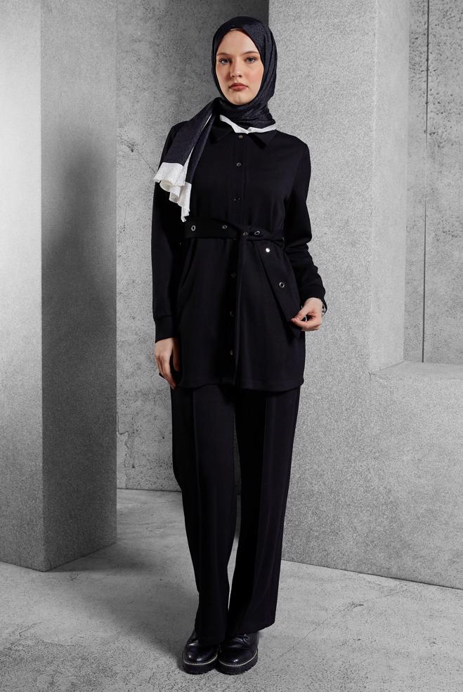 Hijab clothing BLACK BELTED TRACKSUIT SET WITH PANTS 45245 - ALVİNA
