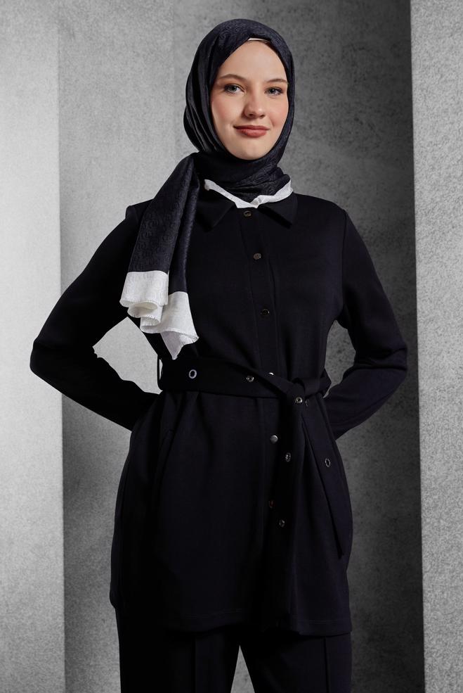Hijab clothing BLACK BELTED TRACKSUIT SET WITH PANTS 45245 - ALVİNA