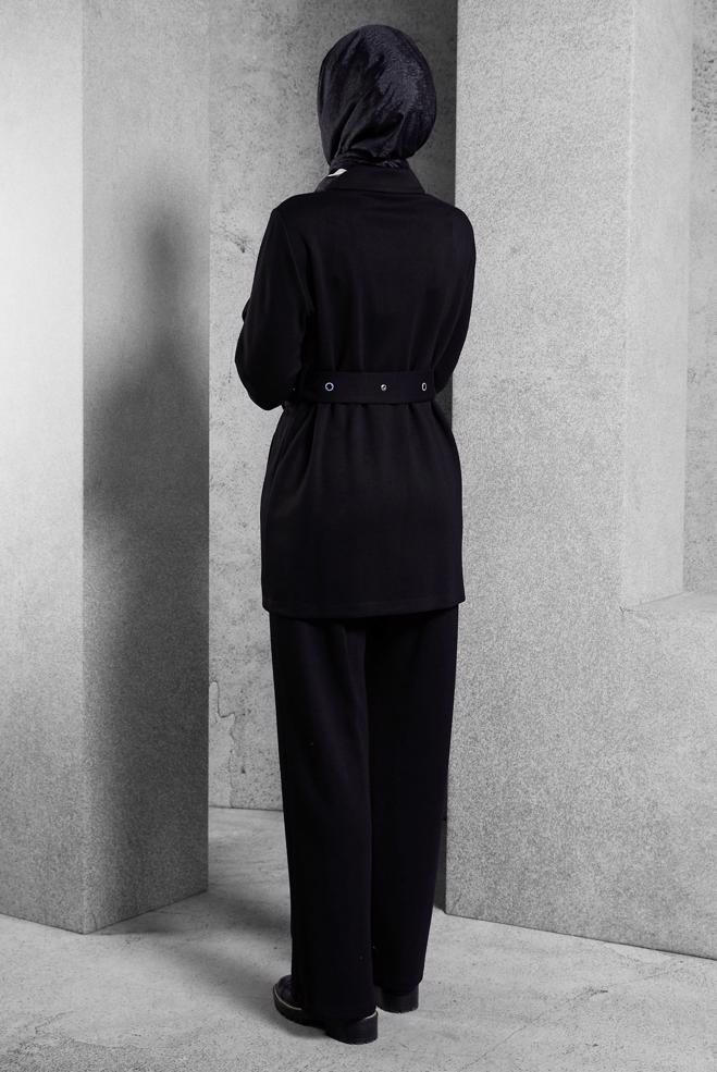Hijab clothing BLACK BELTED TRACKSUIT SET WITH PANTS 45245 - ALVİNA