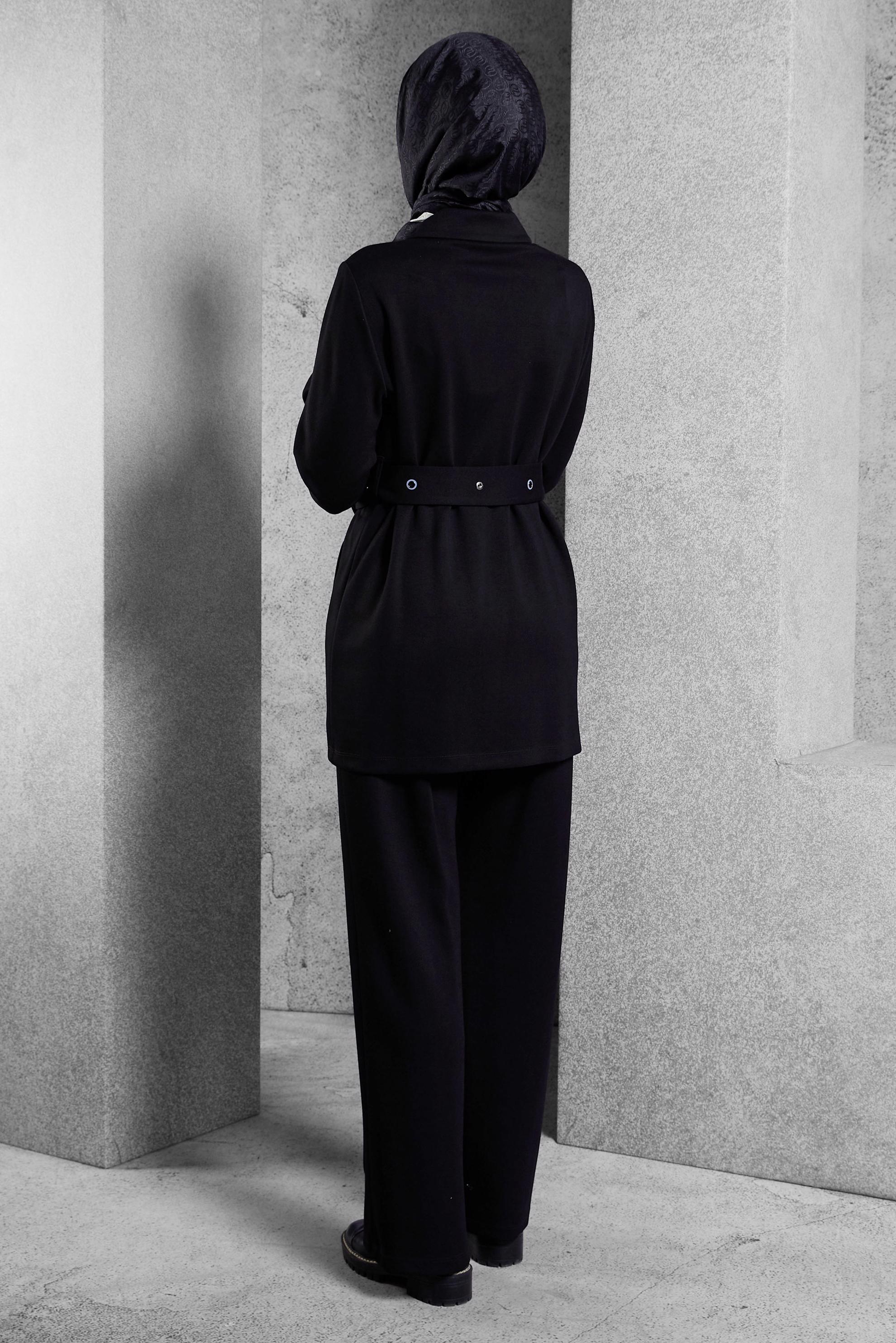 Tesettür giyim SİYAH PANTOLONLU KUŞAKLI EŞOFMAN TAKIM 45245