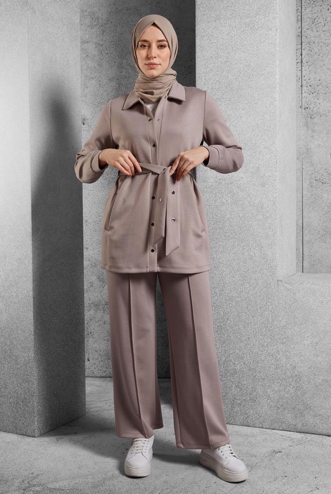 Hijab clothing MINK BELTED TRACKSUIT SET WITH PANTS 45245 - ALVİNA