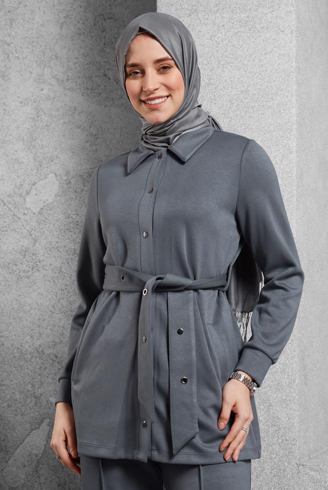 Hijab clothing GREY BELTED TRACKSUIT SET WITH PANTS 45245 - ALVİNA
