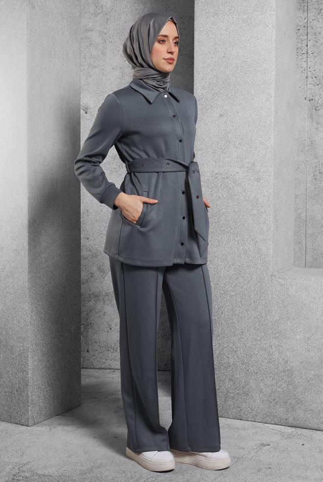 Hijab clothing GREY BELTED TRACKSUIT SET WITH PANTS 45245 - ALVİNA