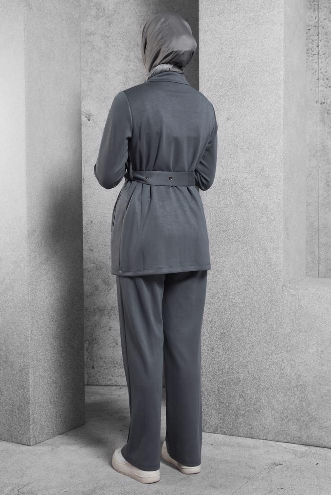 Hijab clothing GREY BELTED TRACKSUIT SET WITH PANTS 45245 - ALVİNA