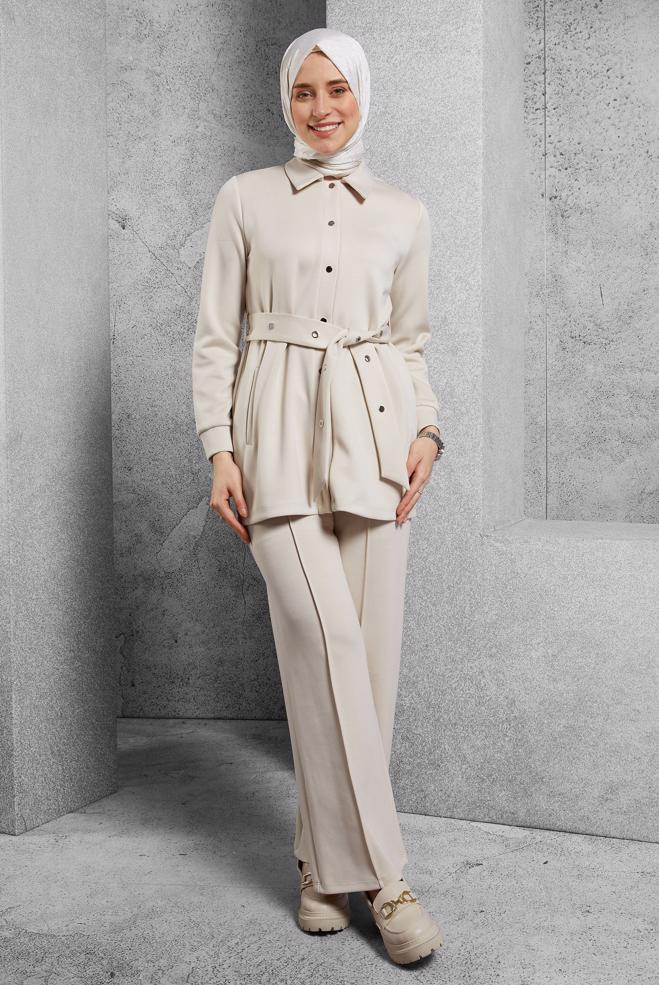 Hijab clothing BEIGE BELTED TRACKSUIT SET WITH PANTS 45245 - ALVİNA