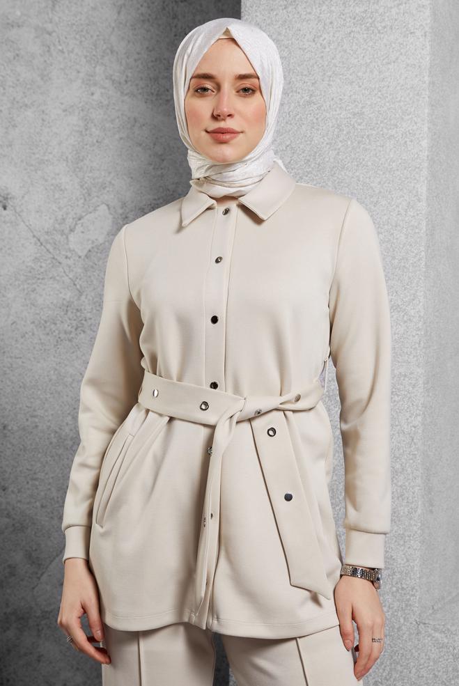 Hijab clothing BEIGE BELTED TRACKSUIT SET WITH PANTS 45245 - ALVİNA