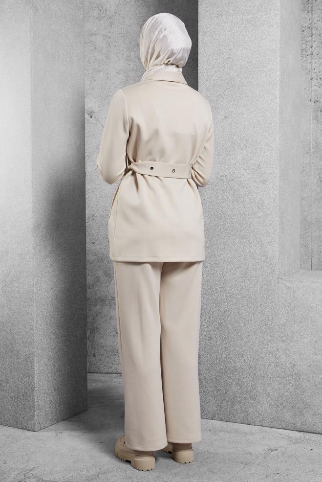 Hijab clothing BEIGE BELTED TRACKSUIT SET WITH PANTS 45245 - ALVİNA