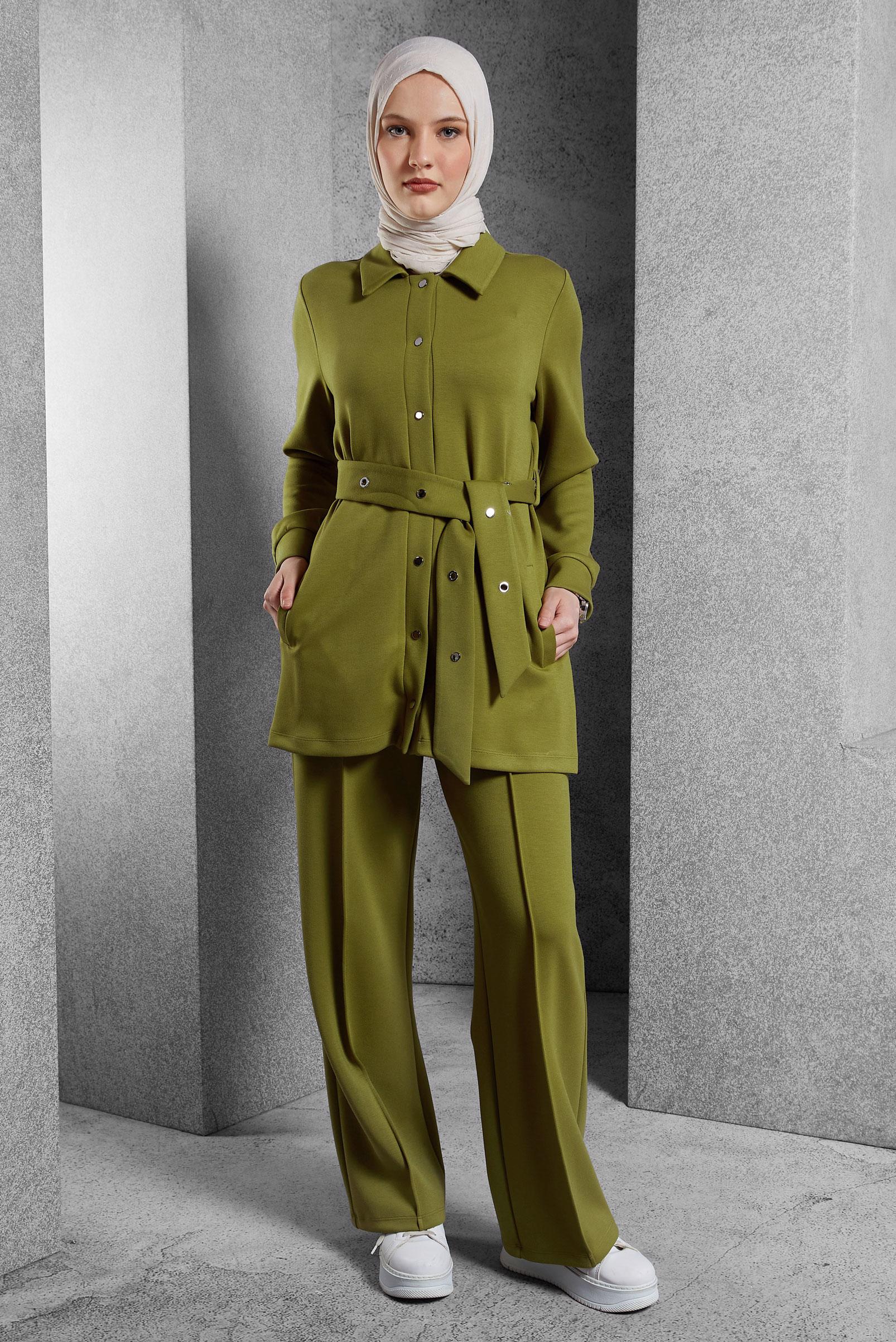 Tesettür giyim YEŞİL PANTOLONLU KUŞAKLI EŞOFMAN TAKIM 45245